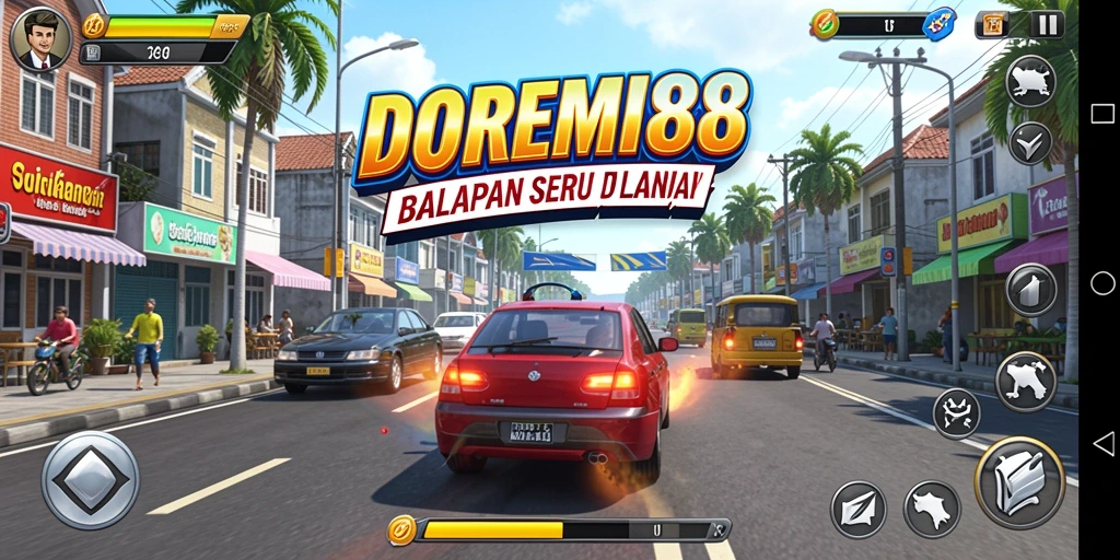 Screenshot permainan DOREMI88 menampilkan aksi balapan mendebarkan.