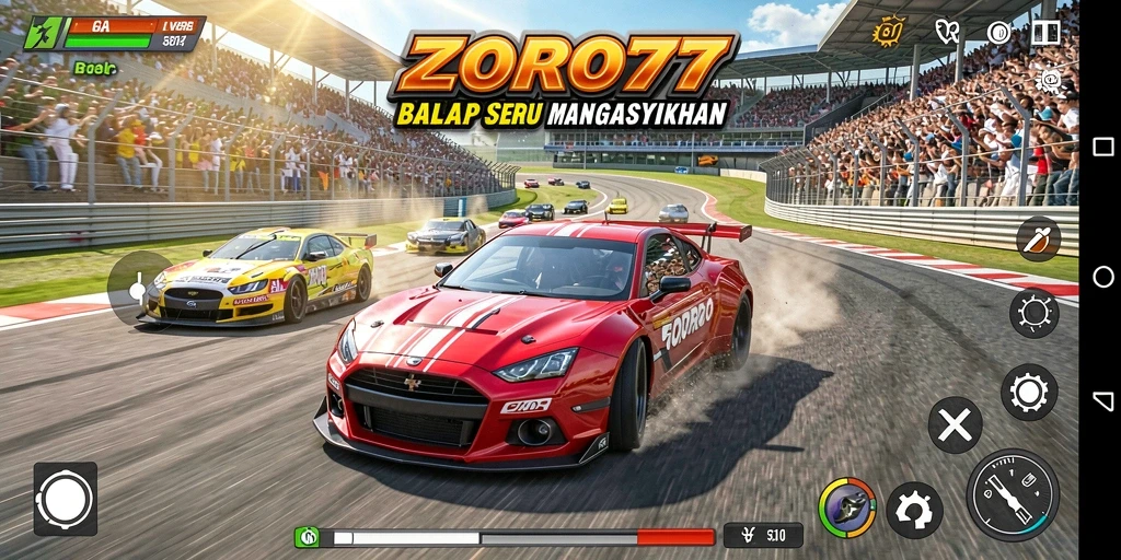 Screenshot gameplay ZORO77 menampilkan aksi balap yang mendebarkan.